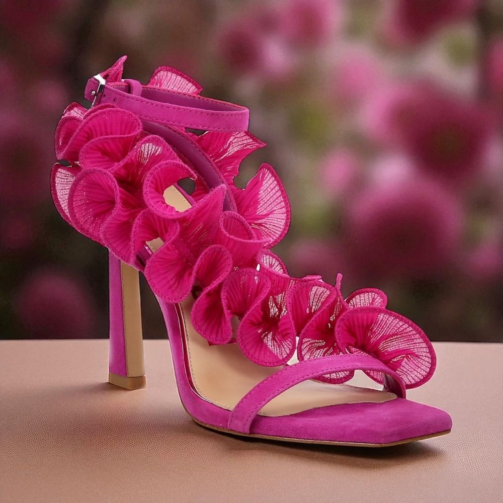 Gianni Bini FRANZ Suede Chiffon Ruffle Dress Sandal Fuschia